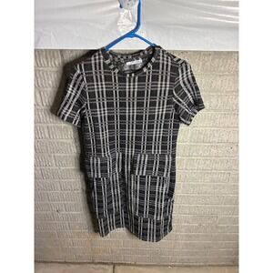 ZARA Women's Plaid Knit Mini‎ Dress Short Sleeve Black White Size S